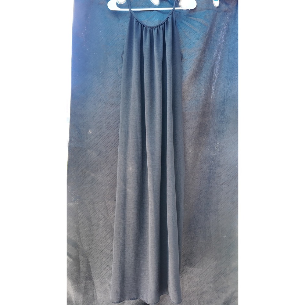 Charcoal Grey Spaghetti Strap Maxi Dress Gathered Neck Low Back Tie Detail
